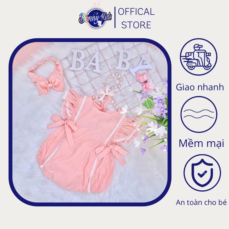 Bodysuit Nơ Hồng Tôm Cho Bé Gái Sơ Sinh 0-12 Tháng Kèm Băng Đô, Váy Sơ Sinh, Bodychip Đầy Tháng, Bodysuit Sơ Sinh