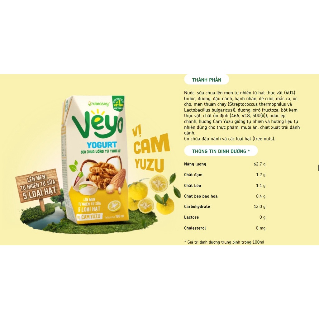 [HSD T10-2023] Thùng 30 Hộp Sữa Chua Uống Từ Thực Vật Veyo Yogurt Vị Cam Yuzu 180ml.