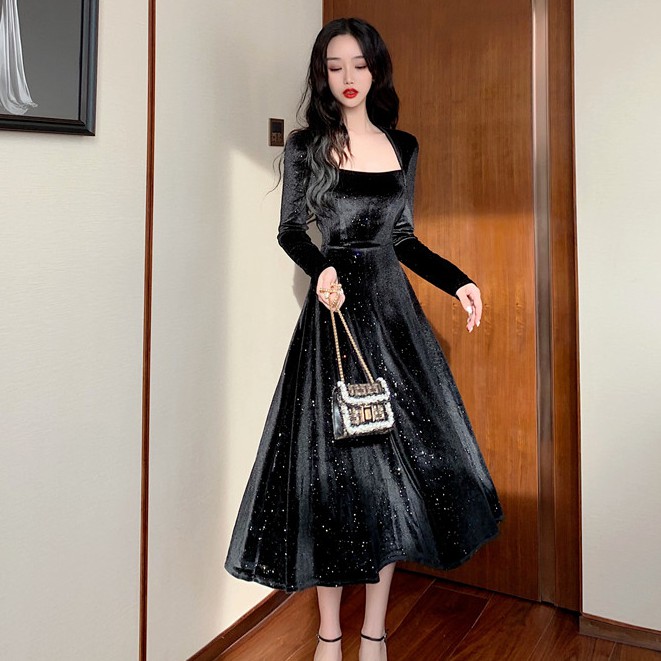 Đầm Nhung Tay Dài Viền Lớn Có Đường Viền To Lấp Lánh Gợi Cảm Dùng Khi Đi Tiệc Tùng/Tiệc Tùng Đi Chơi Giải Trí