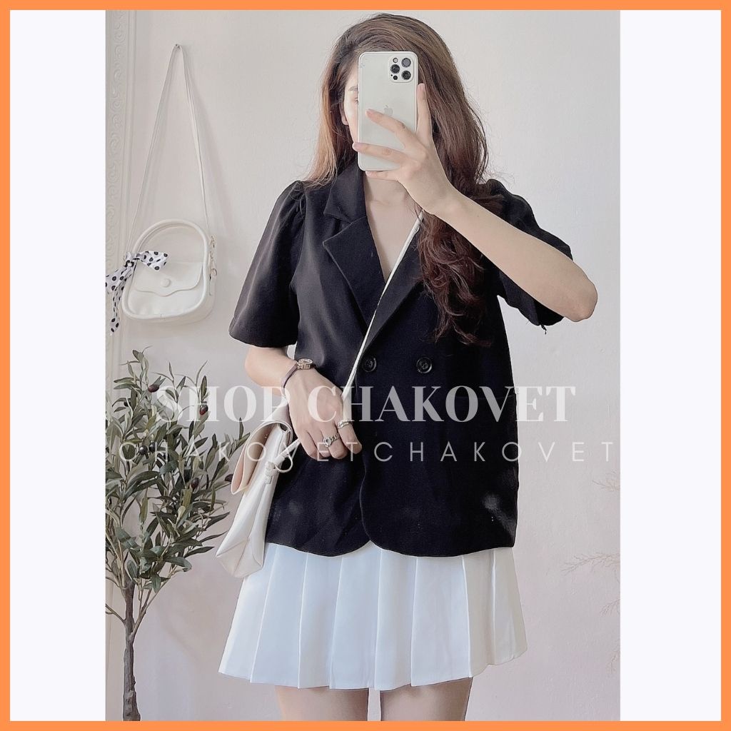 Áo blazer nữ tay ngắn  khoác ngoài AB868 cổ vest style hàn quốc tay bồng 2 cúc túi tròn dáng ngắn - CHAKOVET | BigBuy360 - bigbuy360.vn