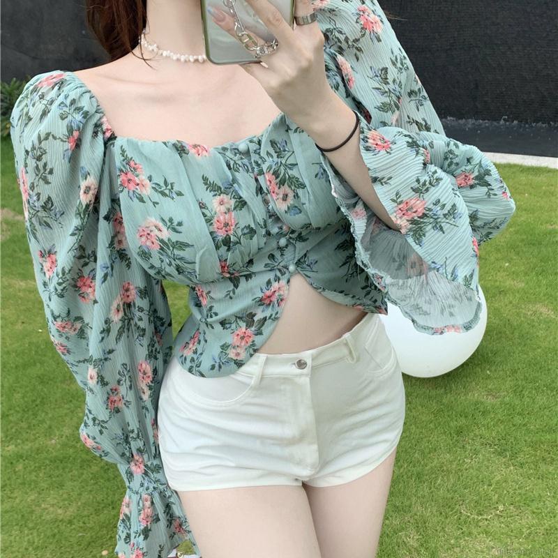 Áo thun tay dài phồng cổ vuông in họa tiết hoa thanh lịch thời trang cho nữ