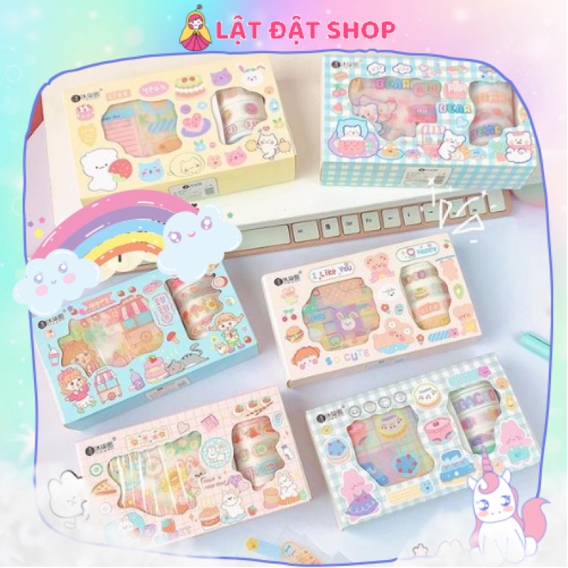 Hộp washi tape kèm sticker - Set 5 băng keo trang trí và 8 tấm sticker