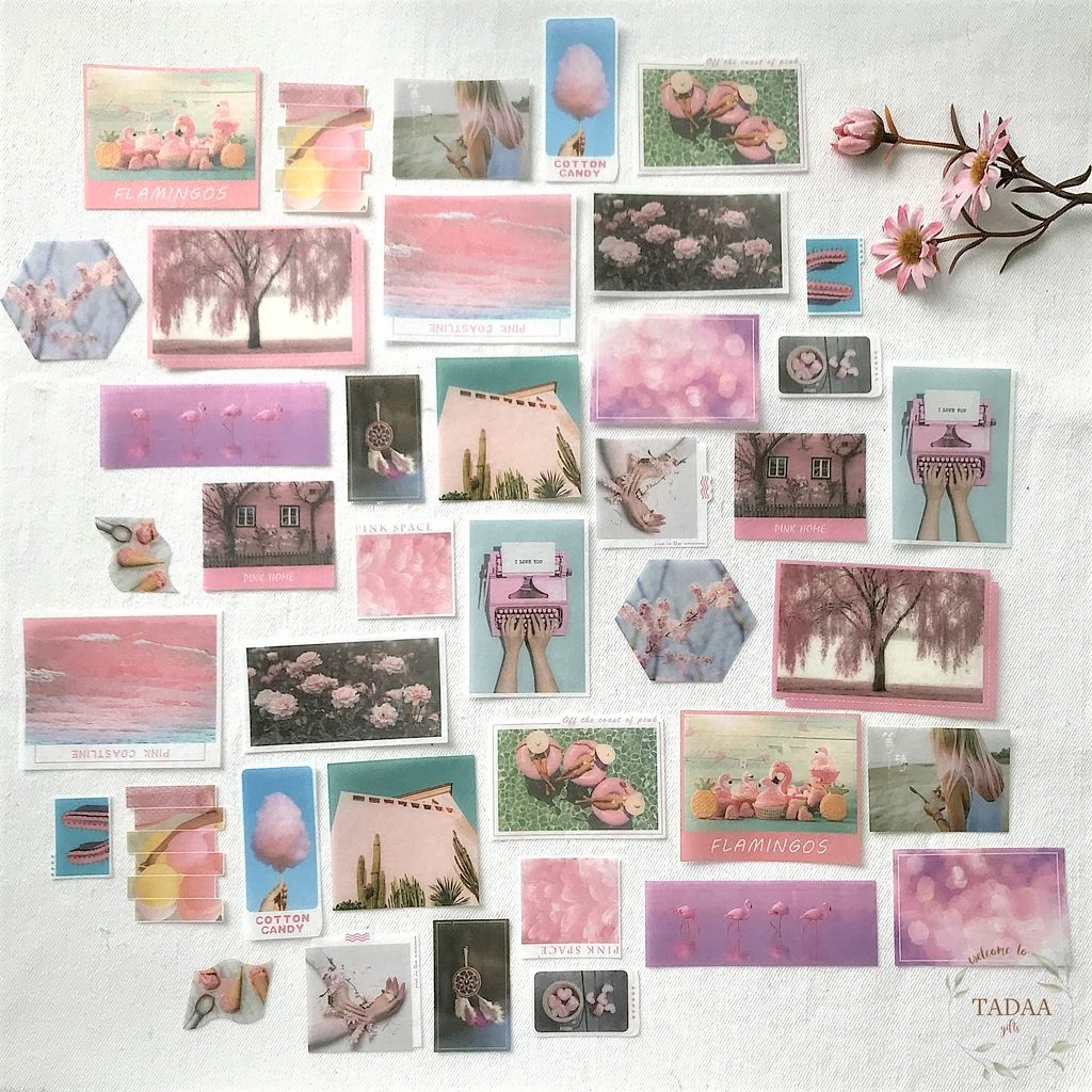 Set 40 sticker vintage biển, trời xanh và hoa lá hồng retro