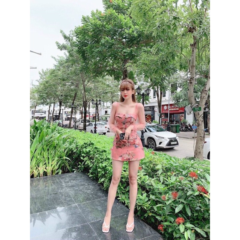Đầm hoạ tiết tay lưới duyên dáng Ảnh thật