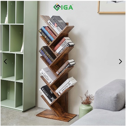 Kệ sách để sàn hình cây 9 tầng, kệ đa năng thông minh phù hợp bàn làm việc phòng khách gỗ cháy - GP03.08
