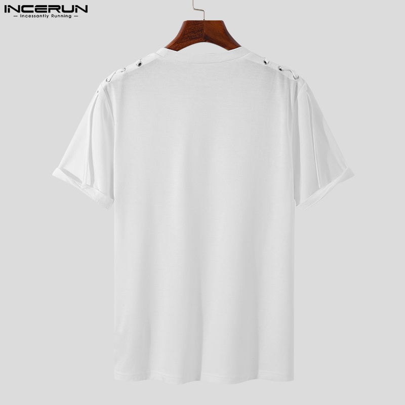 INCERUN Áo nam Ngắn Tay Cổ Tròn Cột Dây Màu Trắng