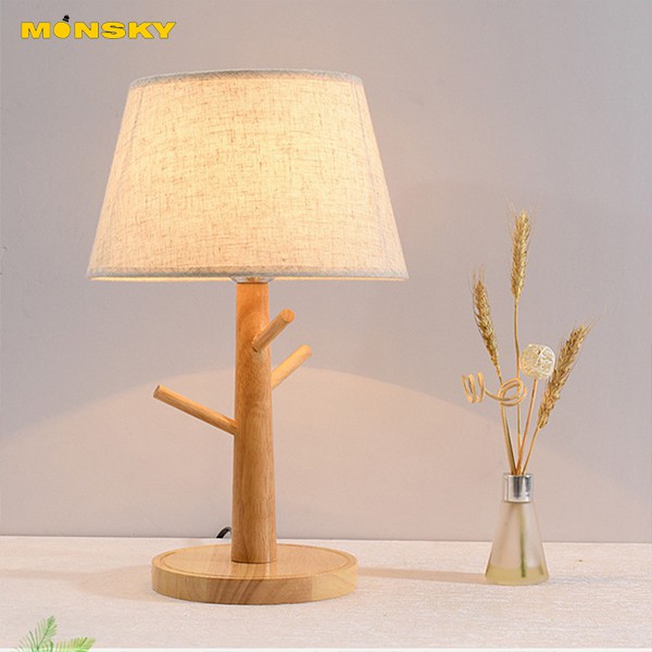 Đèn ngủ để bàn MONSKY trang trí phòng ngủ Vintage gỗ tặng kèm bóng LED chuyên dụng