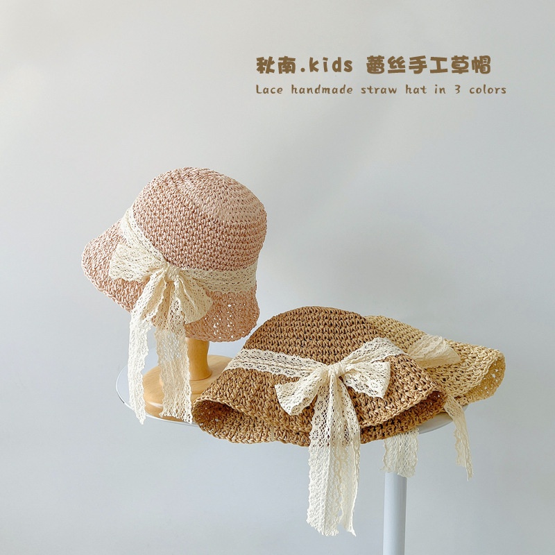Mũ cói bé gái - Mũ cói đi biển mùa hè cực xinh Thắt Nơ ren dễ thương cho bé gái kiểu dáng Hàn Quốc mới nhất MC05