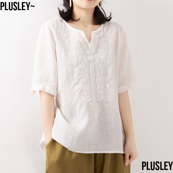 Áo Thun Cotton Lanh Tay Ngắn Cổ Chữ v Thêu Họa Tiết Thời Trang Mùa Hè Kiểu Mới Cho Nữ