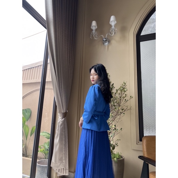 Set áo blazer chân váy xanh nước biển tôn da