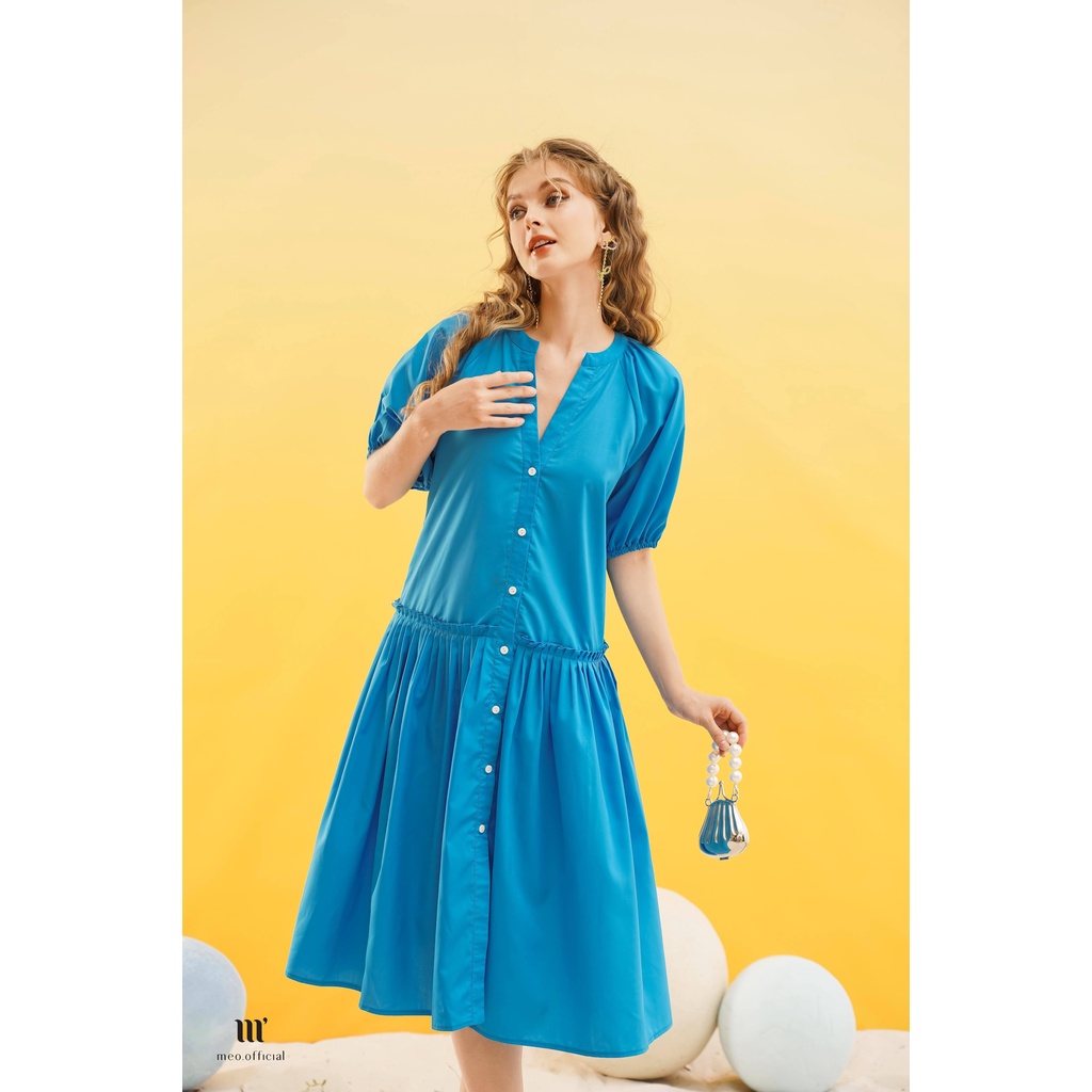 Váy liền nữ Méo shop cổ V ngắn tay phối dây eo dáng xuông phong cách công sở Kalyn