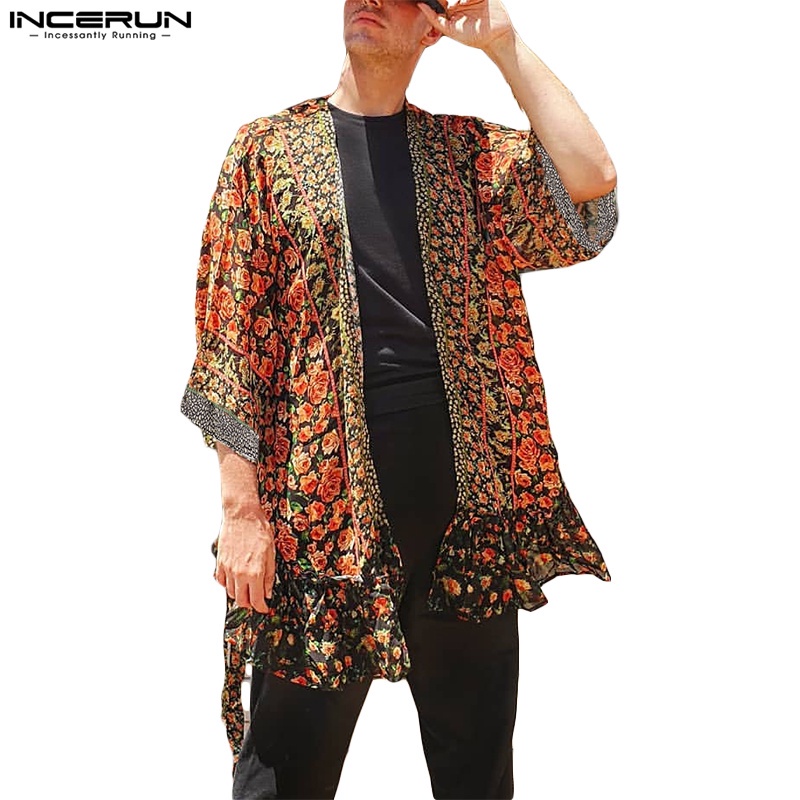 INCERUN Áo Khoác Lưới Cardigan Tay 3 / 4 In Họa Tiết Hoa Phong Cách Cổ Điển Thời Trang Cho Nam