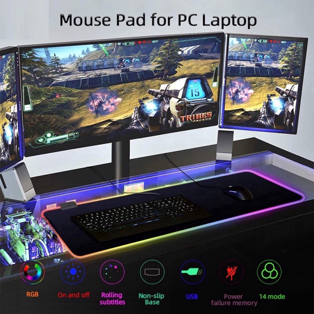 Miếng lót chuột gaming LED RGB cỡ lớn (80 x 30 cm), Pad chuột chơi game LED RGB nhiều màu dày 4mm siêu bền