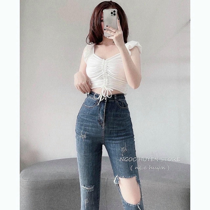 ( Mã 3106 ) Quần jeans giãn ôm lưng cao rách gấu mẫu mới siêu hot