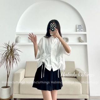 Áo sơ mi dây rút tay lỡ chất thô mềm