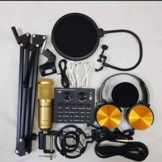 Combo trọn bộ mic livestream karaoke bm900 và sound card v8 tiếng anh