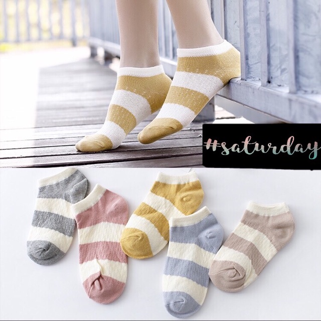 Combo 5 vớ cotton siêu mềm mịn, xinh xắn - vớ sọc ngang trắng nhẹ nhàng cổ ngắn