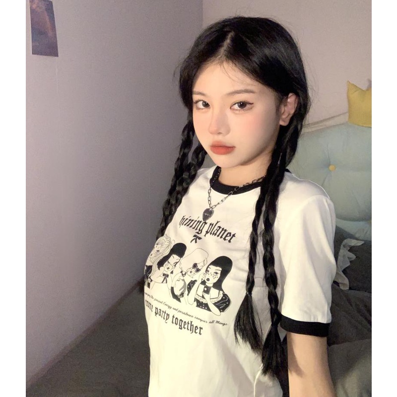 Áo Thun Crop Top Vải Cotton Cổ Vuông Lưng Cao Dáng Rộng Thời Trang Cho Nữ