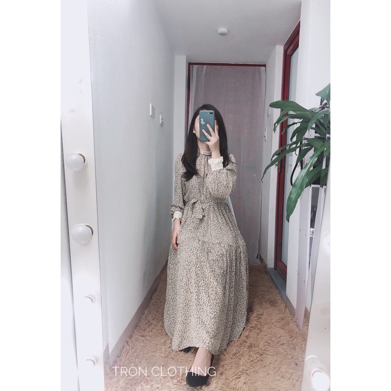 Váy Maxi Hoa Nhí Dài Cổ Và Tay Phối Len Ren Siêu Đẹp - Freesize | BigBuy360 - bigbuy360.vn