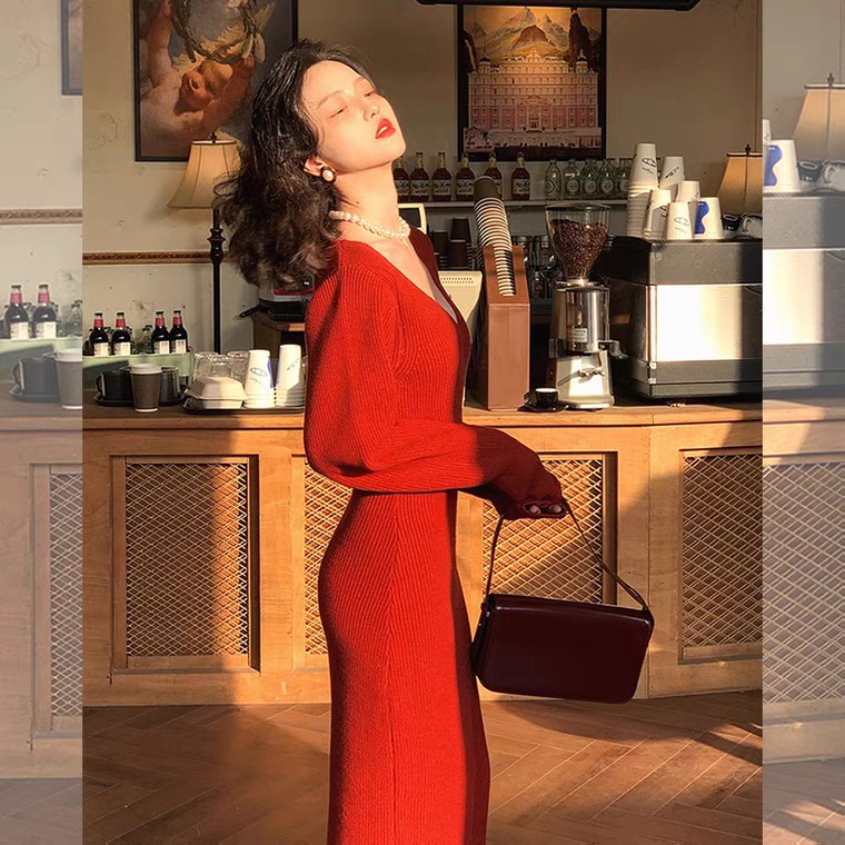 SUXI Đầm midi tay dài cổ chữ V dáng ôm thời trang mùa thu phong cách Hàn Quốc thanh lịch cho nữ