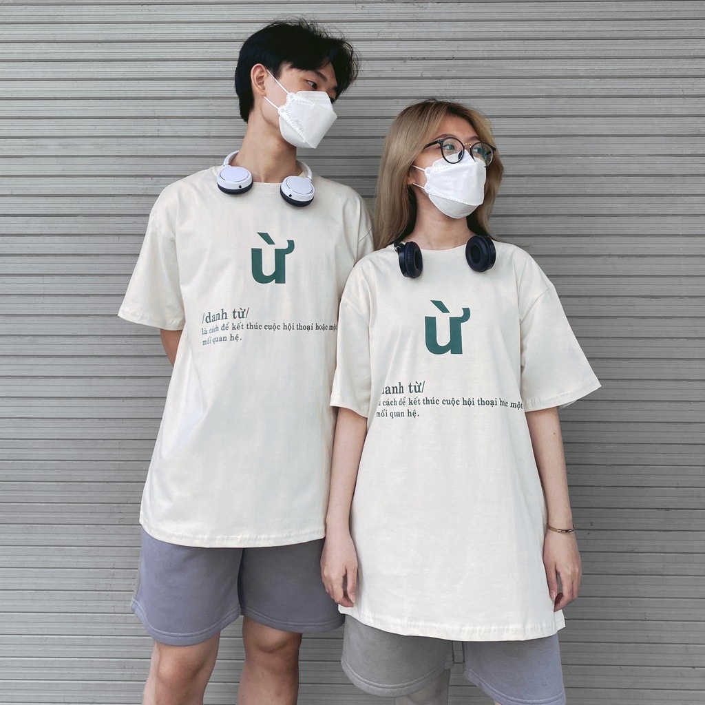 Áo thun nam nữ , áo cặp unisex 2 màu trắng xanh phông rộng tay lỡ in hình chữ Ừ