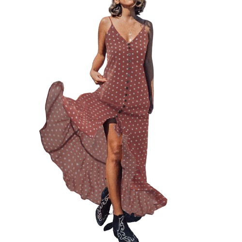 Đầm Maxi Zanzea Hai Dây Hoạ Tiết Chấm Bi Xinh Xắn Thời Trang Đi Biển Cho Phụ Nữ