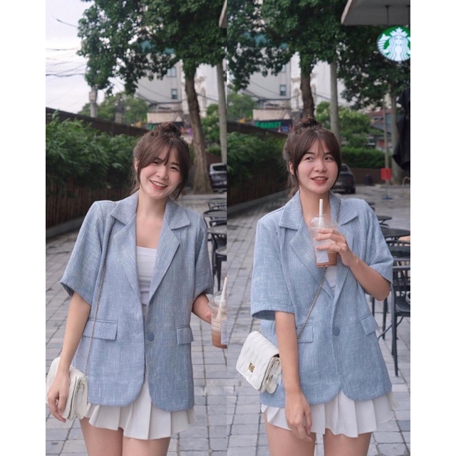 Áo blazer nữ cổ vest tay ngắn túi nắp trước vải bố 5 màu freesize Pumi | BigBuy360 - bigbuy360.vn