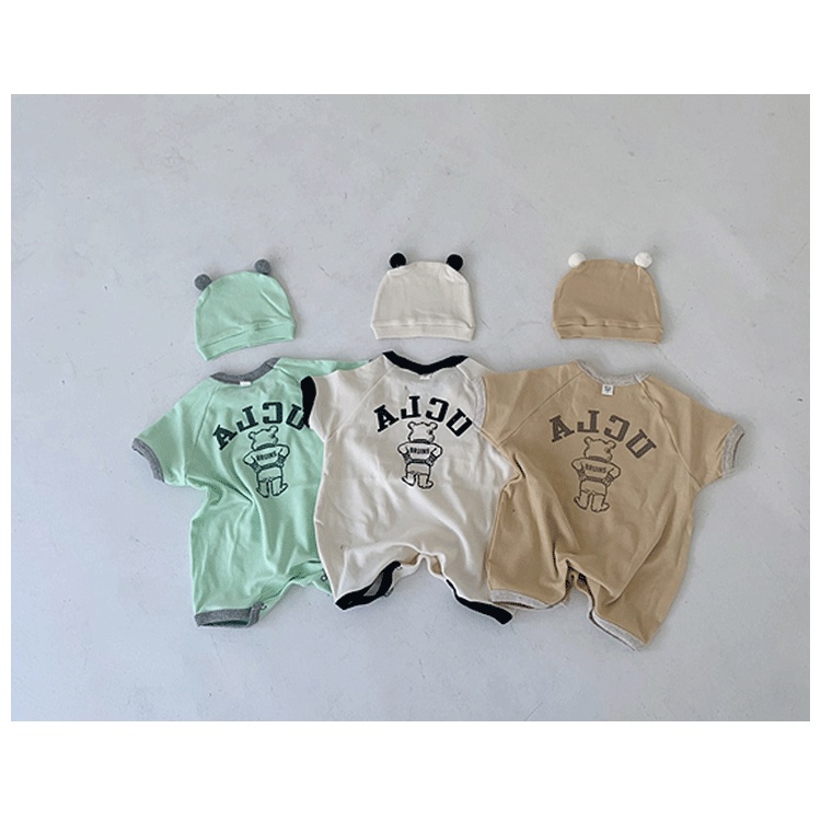 Bộ Áo Liền Quần Ngắn Tay In Chữ + Mũ Thời Trang Mùa Hè Cho Bé Sơ Sinh