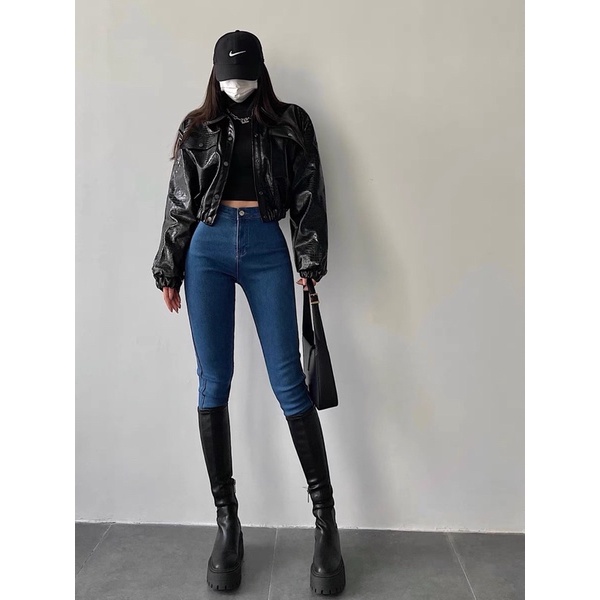 Áo khoác da dáng ngắn túi hộp bo gấu