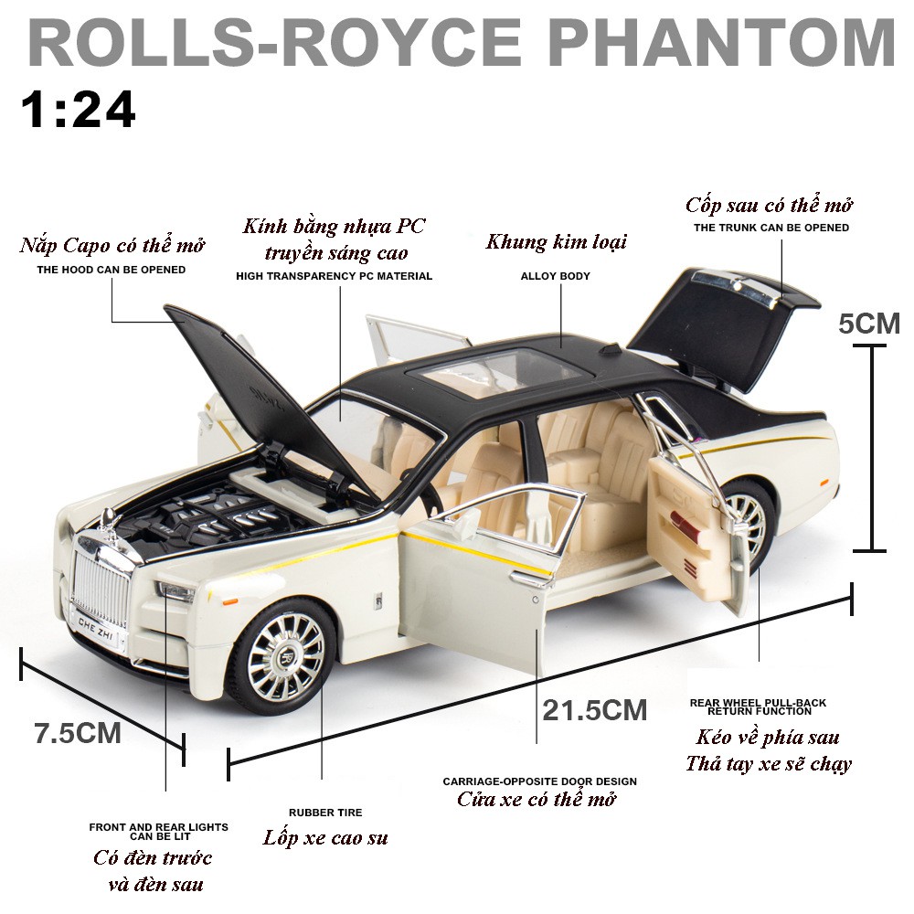 Xe mô hình Rolls Royce Phantom VIII tỉ lệ 1:24 hãng Chezhi khung kim loại, thiết kế tinh xảo như thật màu Đen, Trắng, Đỏ