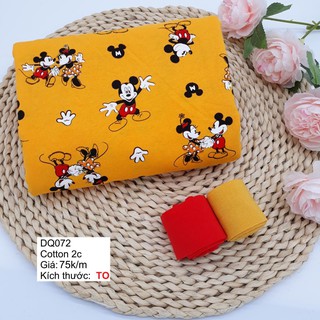 Vải cotton 100% tự nhiên - Vải cotton thun co giãn 2c - mickey vàng