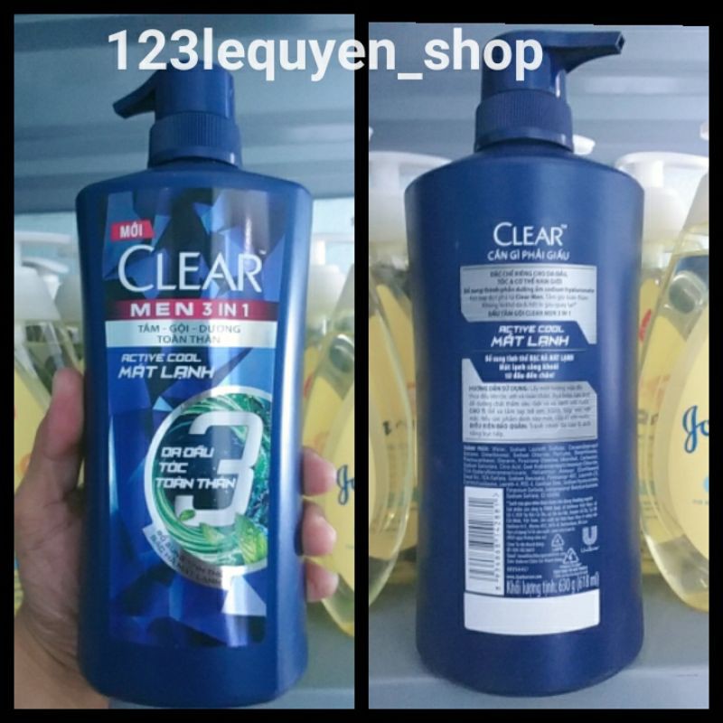 Dầu gội Clear Men 3in1 Active Cool sạch gàu hương Bạc Hà 650g