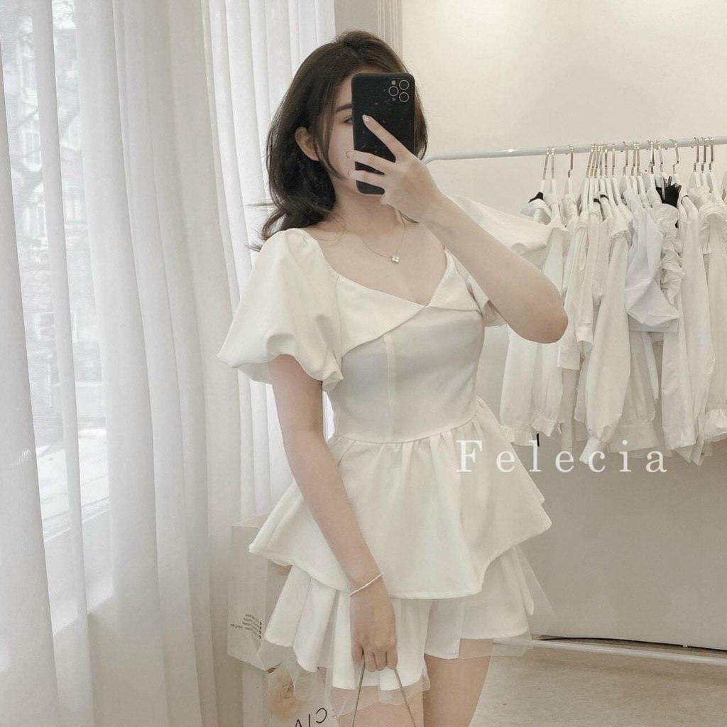 SET TRẮNG ÁO PEPLUM BẸT VAI TAY PHỒNG + QUẦN SHORT PHỐI LƯỚI DỄ THƯƠNG SANG ❤️ KÈM HÌNH THẬT