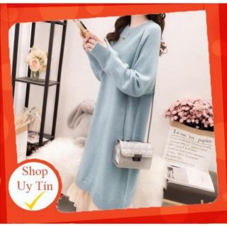 ( MẪU MỚI ) ✅ Váy bầu mùa đông chất len dầy dặn dáng xuông ấm áp cho bà bầu tay xẻ, chân váy voan cam B44