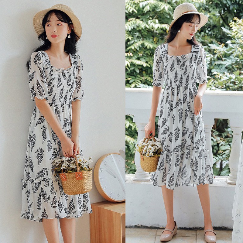 Đầm/Váy maxi nhúng ngực họa tiết lá dương xỉ ảnh thật hàng Quảng Châu- Momiji Store