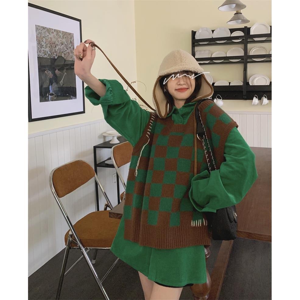 Set Áo Sơ Mi Tay Dài Sọc Ca Rô Phối Áo Khoác Ghi Lê Dệt Kim Thời Trang Hàn Quốc 2022