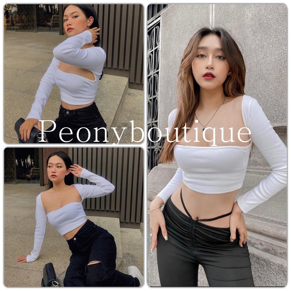 Áo Croptop Khoét Vai PEONYB Nữ [FREESHIP] 🌸 Thun dài tay body dáng ôm, phông trơn kiểu sexy màu trắng Ulzzang HOT 🌸