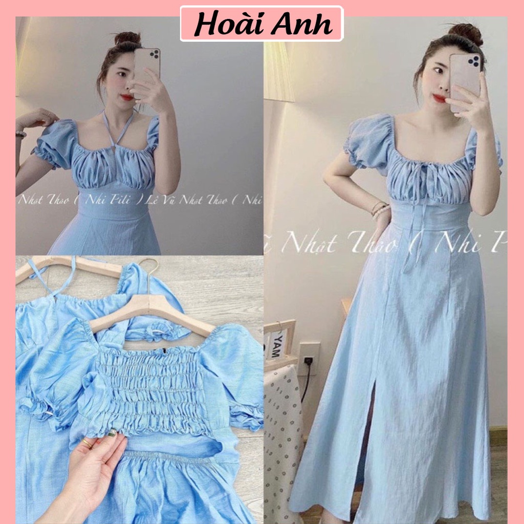 Váy Đũi Xước Xanh Xẻ Tà Đầm Nữ Nhún Ngực Cut Out Chun Lưng Dây Buộc Tay Bồng Freesize