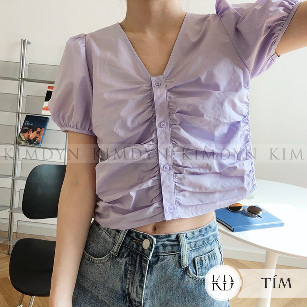 Áo croptop tay phồng Hàn Quốc áo sơ mi kiểu nhún 3 màu KimDyn