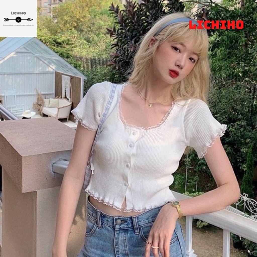 Áo croptop tay ngắn cổ vuông viền ren CT05 LICHHO ôm body gợi cảm quyến rủ co giản tốt | BigBuy360 - bigbuy360.vn