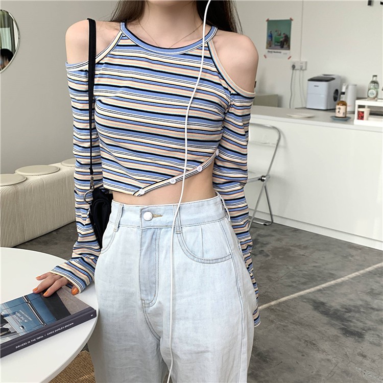 Áo Thun Dài Tay Trễ Vai Dáng Ôm Phong Cách Quyến Rũ Trẻ Trung Cho Nữ