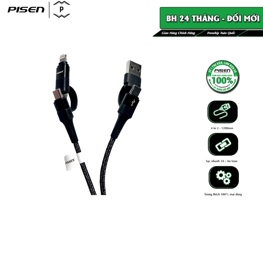 Cáp PISEN Quick 4-in-1 (USB-A,Type-C To Type-C,)3A Aluminum shell braided 1200m (LT-AP02-1200)