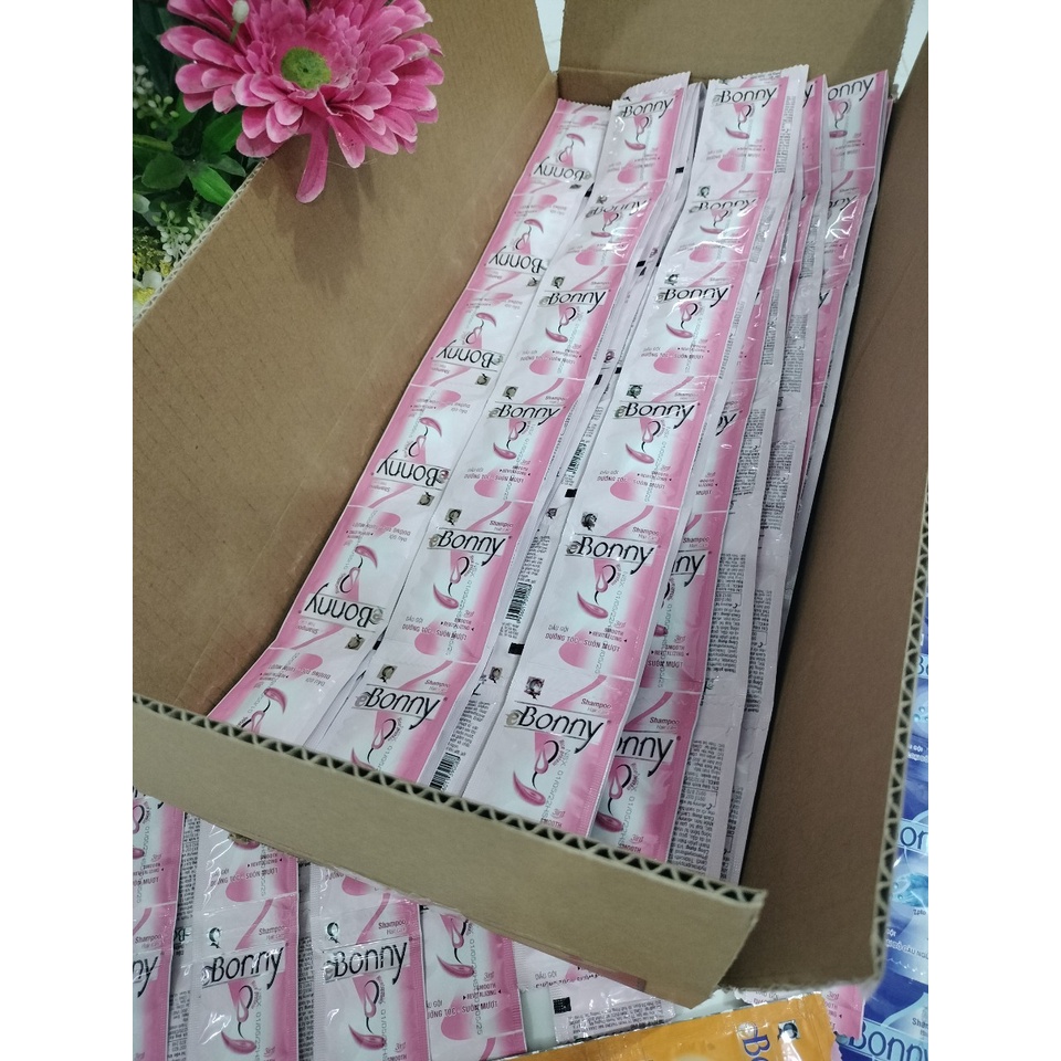 Dầu gội gói hương nước hoa BONNY, dầu gội đầu dây cho nhà nghỉ, khách sạn, giá rẻ, combo 100 gói rời, hàng lỗi nhỏ