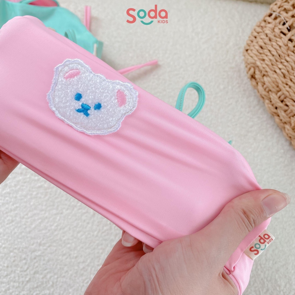 Đồ bơi bé gái 2 mảnh Little Bear SODA KIDS thêu gấu tặng kèm mũ bơi phong cách Hàn Quốc mềm nhẹ co dãn 4 chiều thoải mái