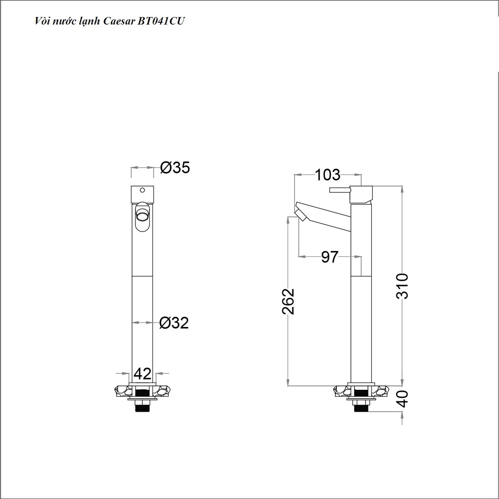 [CHÍNH HÃNG] Vòi chậu lavabo nước lạnh, cổ cao, Caesar BT041CU