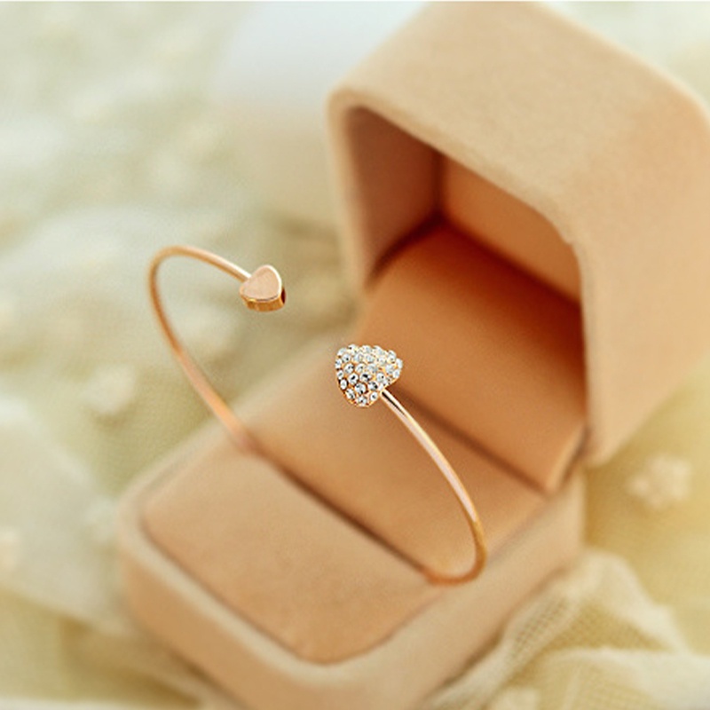 Thời trang hàn quốc đầy đủ kim cương đôi hình trái tim vòng tay kim loại nữ thiết kế mở