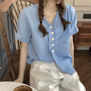 Áo Kiểu Tay Ngắn Cổ Chữ V Xếp Ly Dáng Ôm 50896