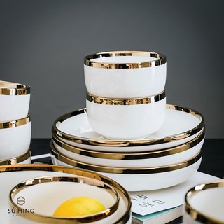 Bộ Bát Đĩa Sứ Màu Trắng Viền 26 Chi Tiết Vàng Sang Trọng, Viền Vàng 24K, Nhiều Màu Sắc Lựa Chọn Quà Tặng Tân Gia.