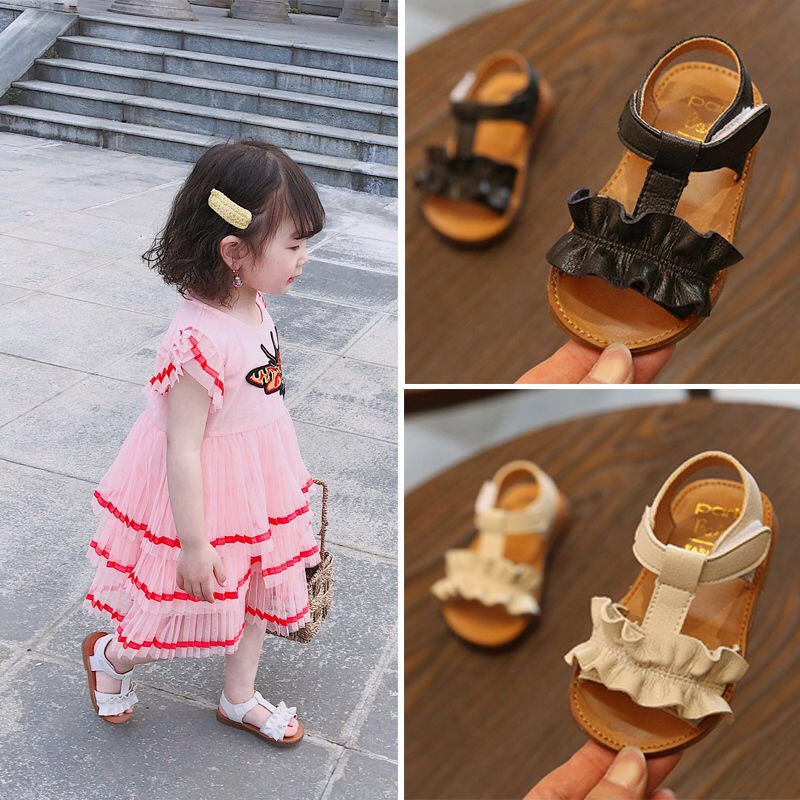 Dép sandal bé gái - Giày sandal quai dán viền bèo chất da PU siêu mềm chính hãng MG Baby cho bé V621