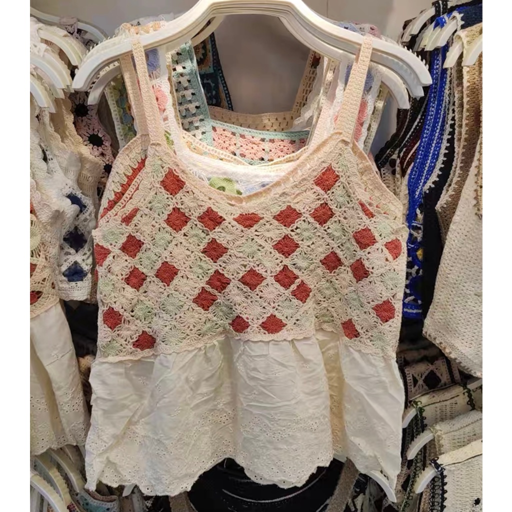 MS604 Áo hai dây kiểu đan móc hình thoi phối màu